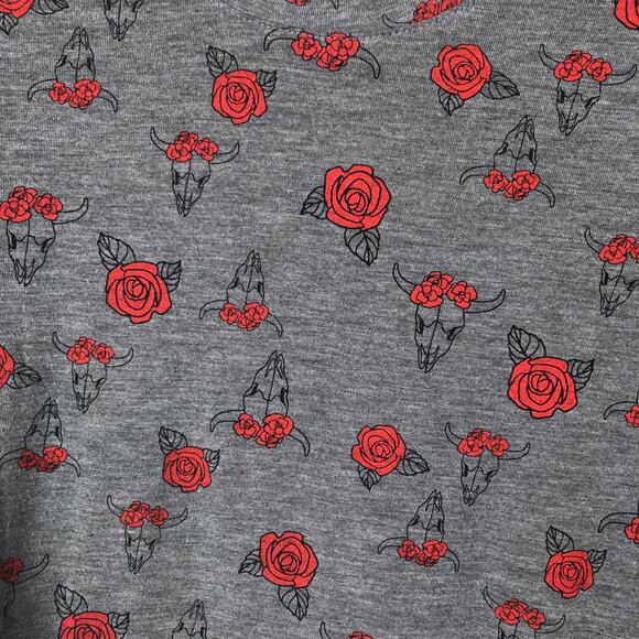 Mighty Fine Bull Skeleton & Roses Print Gray Grunge Boho Shirt - Picture 3 of 7